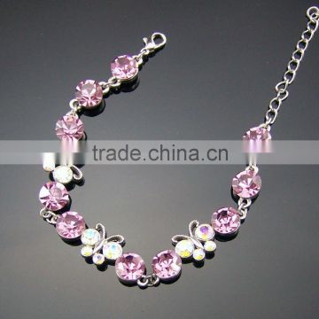 Pink crystal butterfly&purple crystal diamond metal cord bangle bracelet