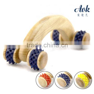 Protable bent-handle wooden massager with plastic wheels