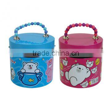 Round decorative personalized tin box with pearl handle