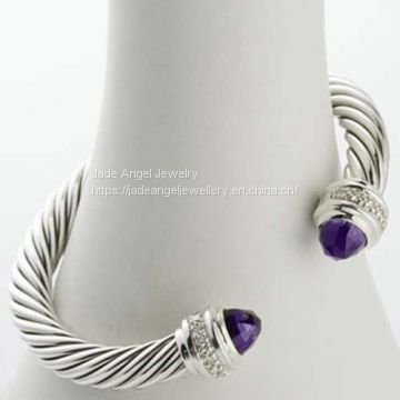 Sterling Silver 7mm Cable Amethyst Silver Ice Cuff  Bracelet