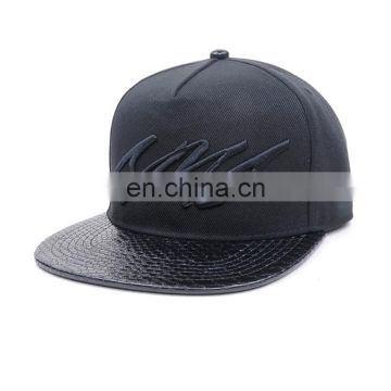 Snakeskin Leather Bill Design Custom Embroidery Black Snapback Cap Hat