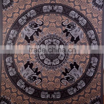 Indian Tapestry Cotton Brown-Gray Mandala Elephants Vintage Wall Hanging Art Tapestries Throw Bedsheet