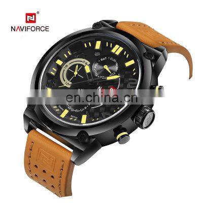 NAVIFORCE 9068L Men Watches Leather Strap Week Calendar Showed Casual Charm Analog Quartz Mens Wristwatch