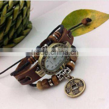 punk style ladies leather bracelets for watch with copper coin drop