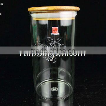 Hot sale glass Jar with wood lid , glass jar with lid