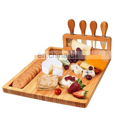 Bamboo Cheese Board Meat Charcuterie Platter Serving Tray with 4 Tableware Stainless Steel Knife