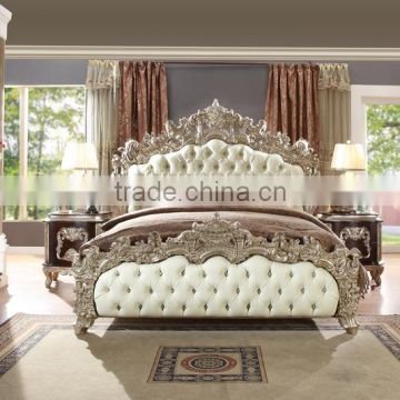 Bisini Italian Royal Hand Carved Wooden Bedroom King Size Bed With Leather Headboard/European Solid wood Furniture(MOQ=1 SET)