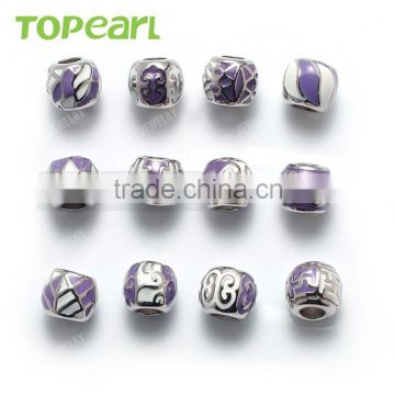 Topearl Jewelry Assorted Custom Bead Stainless Steel European Charm Bead Purple White Silver TCP07