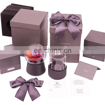 Custom luxury paper gift set box packaging for artificial enchanted preserved real rose flowers led lights in glass
