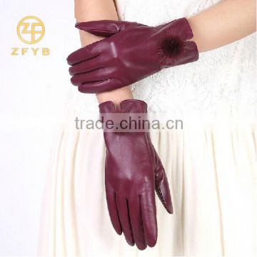 New style women red color sheepskin leather gloves with rabbit fur