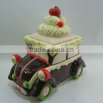 Hot sale round chocolate DeHua ceramic cupcake cookie jar in car shape