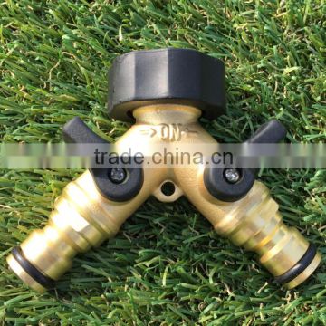 Solid Brass 2 Way Double Tap Adaptor with Individual On/Off Valves