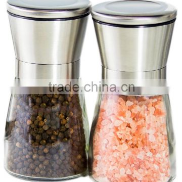 Salt and Pepper Shakers - Salt & Pepper Grinder Set - Spice Mill - Glass Body Brushed Stainless Steel