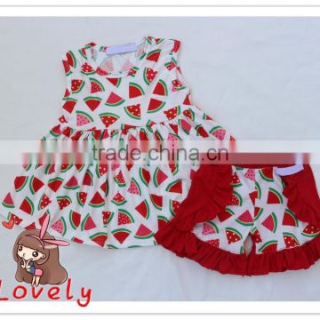 Boutique girls summer cute clothes set sleeveless watermelon pattern tunics and new design ruffle shorts kids watermelon outfits