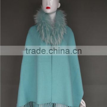 Wholesale Lady Elegant Raccoon Fur Collar Mink Cashmere Double Knitted Shawl