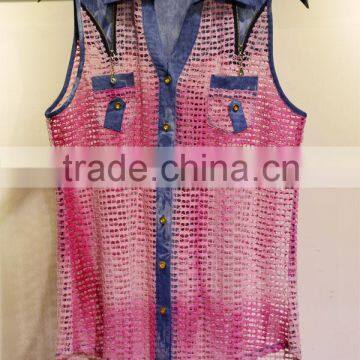 Two-tone hollowed-out sleeveless tops with a shirt collar for women