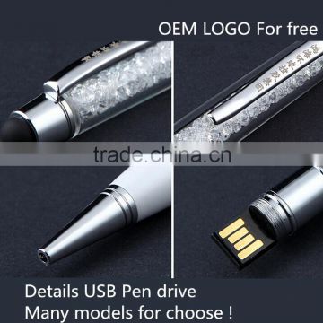 2015 chinese crystal usb pen drive/ cheap metal ball pen/ promotional usb pen printed Logo