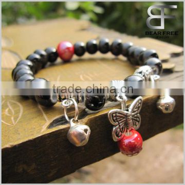 Black red ceramic beads silver butterfly bell adjustable bracelet for holidays gift