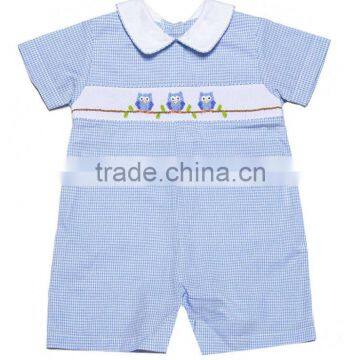 Baby Boy Light Blue Mini Gingham Smocked Cute Owls Shortall