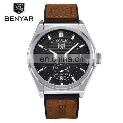 BENYAR 5125M Men Best-Selling Quality Fashion Quartz Watches Casual Chronograph Auto Date Leather Wristwatch