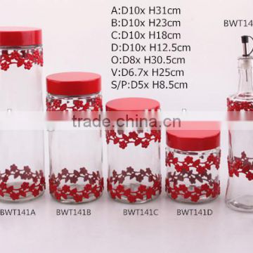 glass storage jar set with flower metal coating
