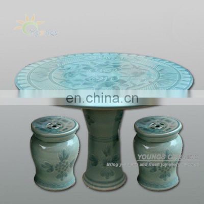 Chinese antique hand carved ceramic porcelain garden table and stool