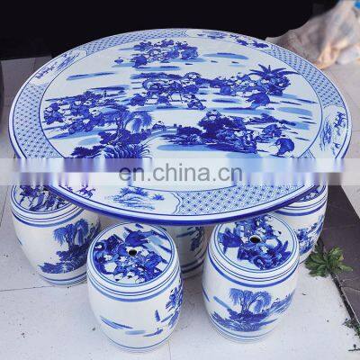 Chinese 100 children blue and white porcelain outdoor ceramic tables and stool