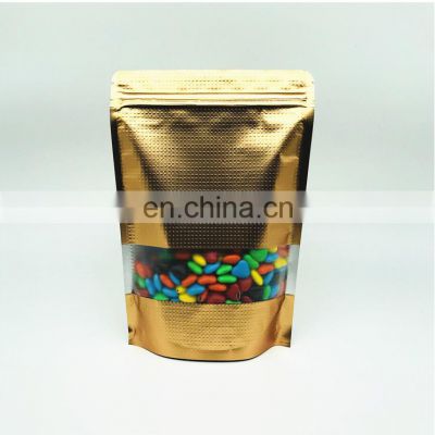Embossed Gold Aluminium Foil Zipper Stand Up Mylar Pouch Packaging Ziplock Bag with Clear Window Snack Grains Beans