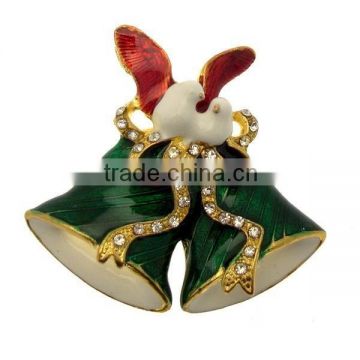 Wholesale 3.8*4.2cm Gold Tone Green Enamel & Christmas Bell with Dove Brooch