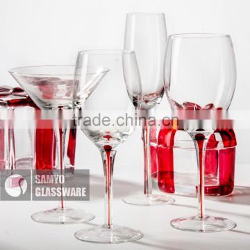 SAMYO mouth blown hot sale wine glass set with red line of the stem