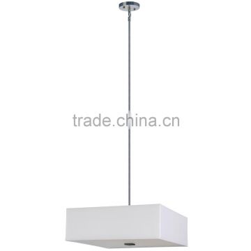 3 light chandelier(Lustre/La arana) in satin steel finish with a round 22" x 20" prestine white fabric shade
