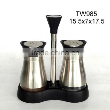 TW985 2pcs glass salt pepper spice set with metal casing and plastic stand