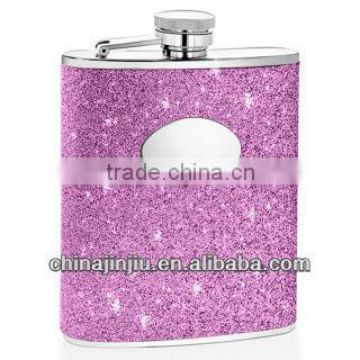 8oz purple leather hip flask stainless steel with glitter
