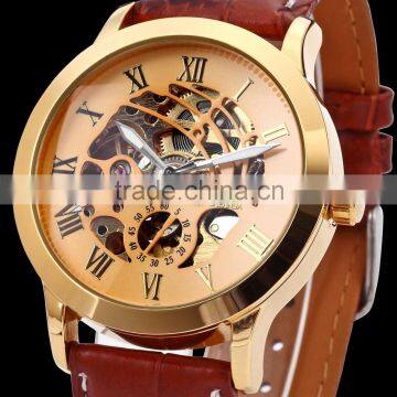 Classic Gold Dial Stainless Steel Case Coffee Leather Hollow Skeleton Men Automatic Mechanical Watch