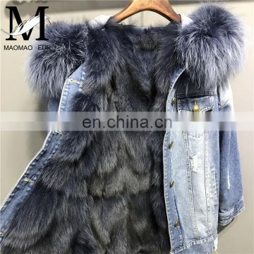 2017 Women Winter Removable Parka Coat Wholesale Real Fox Fur Lined Denim Jacket with Raccoon Fur Collar