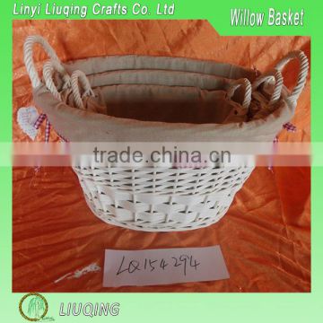 White Willow Storage Basket With Cloth Linner And Ear Handles