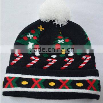 Fashion custom jacquard foldable winter hat with pompom