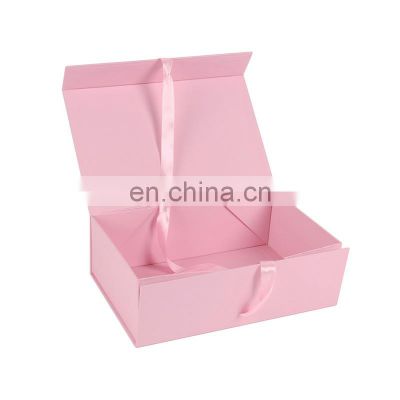 Luxury pink magnetic paper folding gift packaging box with ribbon