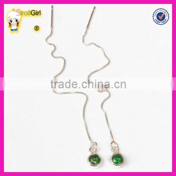 Best sell green color cz crystal earrings silver long chain emerald threader earrings