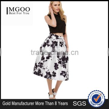 MGOO High Quality Imported Women White Umbrella Skirt With Floral Print High Waist Street Style 15146A368