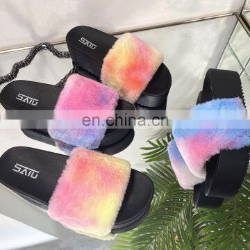 Tie dye women shoes high heel outdoor sandals faux fur rainbow color plush thick sole slippers platform lady slides