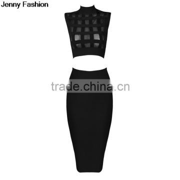 Summer dress Jenny Fashion 2016 New Hot Selling Elegant And Sey Women Black Two Piece Set Mesh Evening Party Bandage Dress Banda