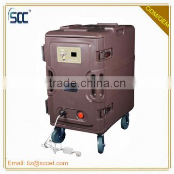 Thermal box with heating element, with castor wheels, carry GN pans