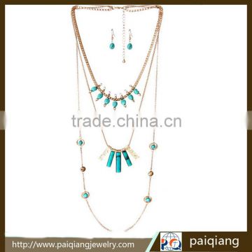 Stylish bohemian style multilayer imitation turquoise long necklace and earring jewelry sets