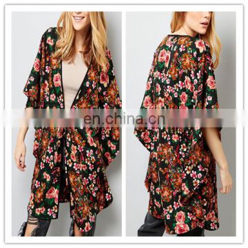 2017 Stylish Floral Print Kimono Cardigan With Flutter Sleeve For Summer