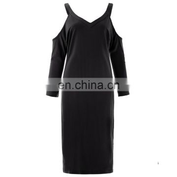 Kate Kasin Women's Long Sleeve V-Neck Cold Shoulder Cotton Black T-Shirt Dress KK000504-1