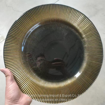 Luxury Charger Hotel Glass Fruit Plate Round Black Gold Dinner Trays