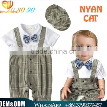 New tie cotton jumpsuits breathable toddler boy plaid stripe rompers breathable handsome boy clothing