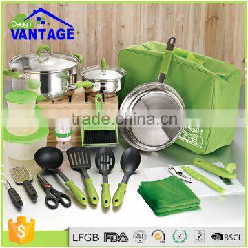 23 pcs silicone handle stainless steel non stick camping cookware kitchen set