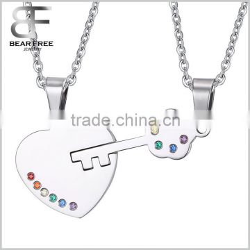 2PCS Stainless Steel "Key to Heart" Rainbow Crystal Couple Pendant Necklace for Gay & Lesbian Pride Promise